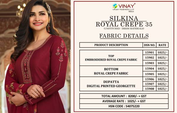 Vinay Silkina Royal Crepe 35 New Designer Festive Wear Embroidery Salwar Suits Collection